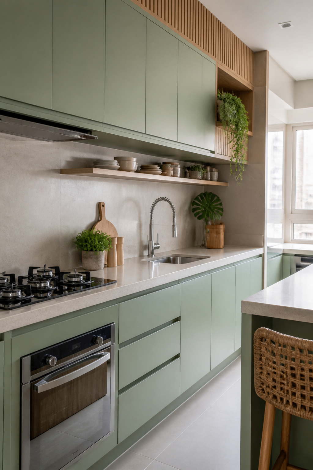 Cozinha envelopada em verde sálvia
